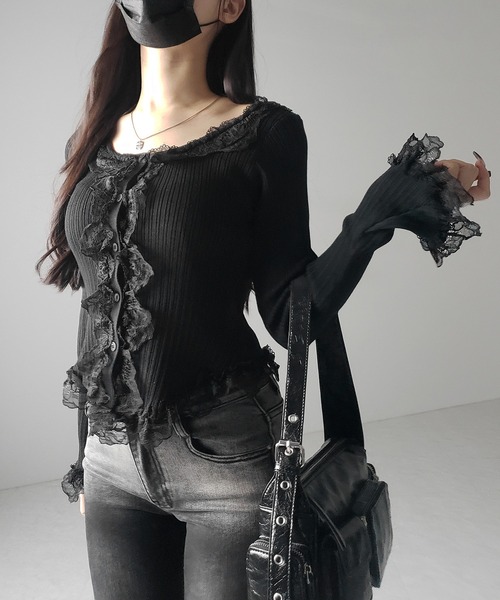 me+em select(ミームセレクト)の「【 3color 】レースフリルドッキングリブニットカーディガン / lace frill docking rib knit cardigan(カーディガン/ボレロ・レディース・グレー/ブラック/アイボリー・FREE)」の20枚目の写真
