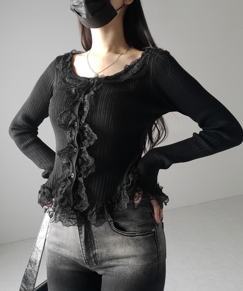 me+em select(ミームセレクト)の「【 3color 】レースフリルドッキングリブニットカーディガン / lace frill docking rib knit cardigan(カーディガン/ボレロ・レディース・グレー/ブラック/アイボリー・FREE)」の21枚目の写真