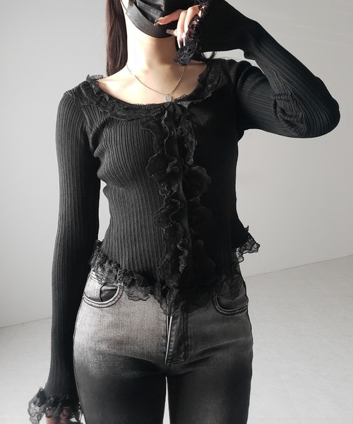 me+em select(ミームセレクト)の「【 3color 】レースフリルドッキングリブニットカーディガン / lace frill docking rib knit cardigan(カーディガン/ボレロ・レディース・グレー/ブラック/アイボリー・FREE)」の22枚目の写真