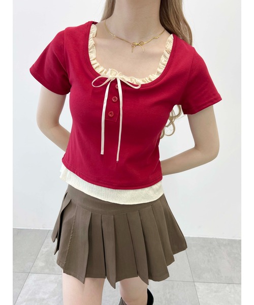 PHILLY（フィリー）の「【PHILLY】フェイクレイヤードフロントリボンT（Tシャツ/カットソー・レディース・グレー/レッド/ブラック・FREE）」の3枚目の写真