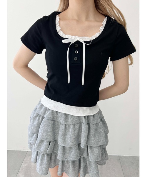 PHILLY（フィリー）の「【PHILLY】フェイクレイヤードフロントリボンT（Tシャツ/カットソー・レディース・グレー/レッド/ブラック・FREE）」の2枚目の写真