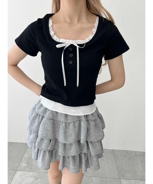 PHILLY（フィリー）の「【PHILLY】フェイクレイヤードフロントリボンT（Tシャツ/カットソー・レディース・グレー/レッド/ブラック・FREE）」の4枚目の写真