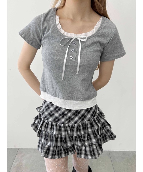 PHILLY（フィリー）の「【PHILLY】フェイクレイヤードフロントリボンT（Tシャツ/カットソー・レディース・グレー/レッド/ブラック・FREE）」の7枚目の写真