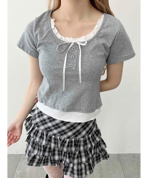 PHILLY（フィリー）の「【PHILLY】フェイクレイヤードフロントリボンT（Tシャツ/カットソー・レディース・グレー/レッド/ブラック・FREE）」の9枚目の写真