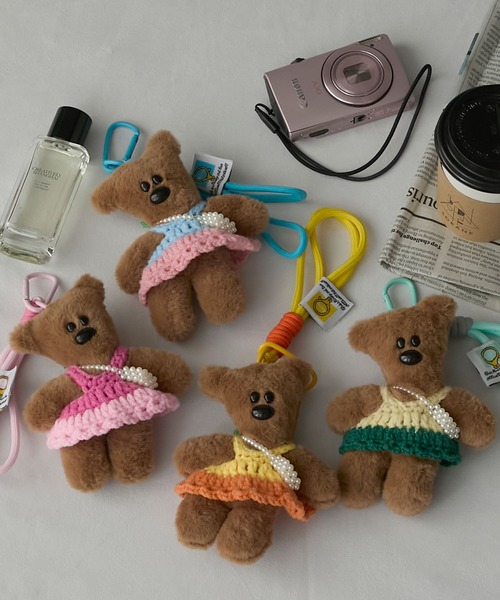 ストラップ付.カラフルくまさん.ピンク/12〜14cm おすわりぬい服