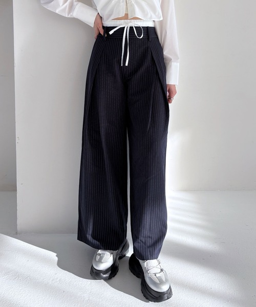 ハイウエストワイドパンツ セール】Wウエストタックワイドパンツ 321931（スラックス