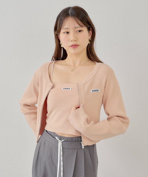 ジップクルーカーディガン＋ニットキャミセット（カーディガン