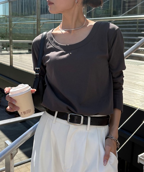 NOGLE(ノグル)の「【NOGLE/ノグル】2wayクルーネックロンT(Tシャツ/カットソー・レディース・ピンク/グリーン/ホワイト/ブラック/グレー/ブルー/チャコール・FREE)」の4枚目の写真