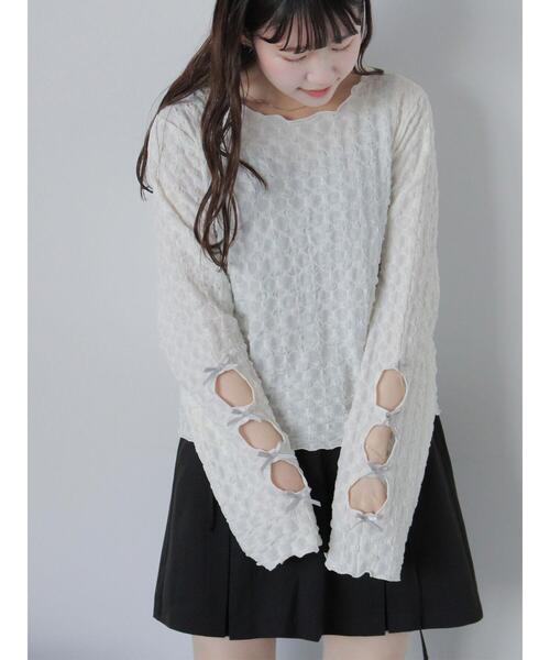 ehka sopo（エヘカソポ）の「袖リボンカットソー（Tシャツ/カットソー・レディース・キナリ/グレー/ブラック・F）」の2枚目の写真