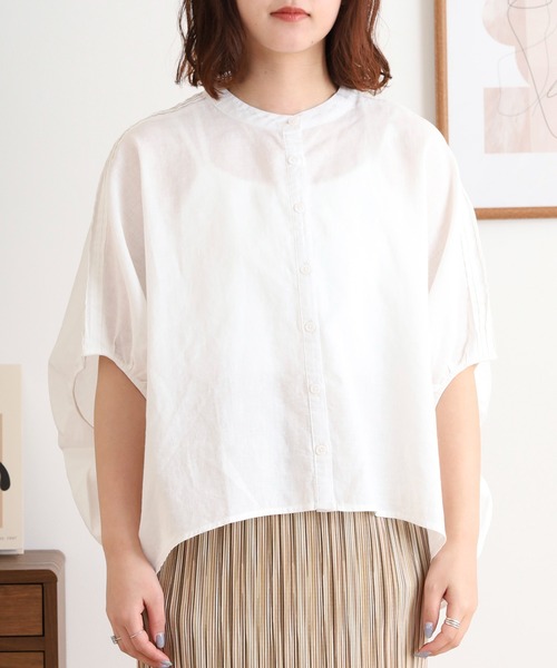 極美品✨45R リネン ピンタック プルオーバー シャツ ホワイト 1 L相当 デザイン】 COFREX ひねりピンタック 長袖 レディースシャツ(S