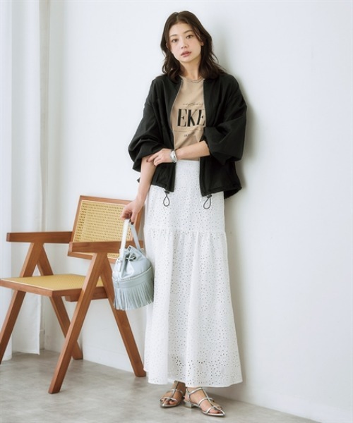 nissen（ニッセン）の「パンチングレースギャザーマキシスカート（スカート・レディース・オフホワイト/ブラック・S/M/L/LL）」の7枚目の写真