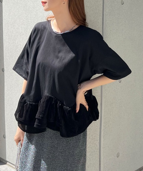 Futier land(フューティアランド)の「裾フリルルーズTシャツ(Tシャツ/カットソー・レディース・ブラック/ホワイト/チャコールグレー・FREE)」の2枚目の写真