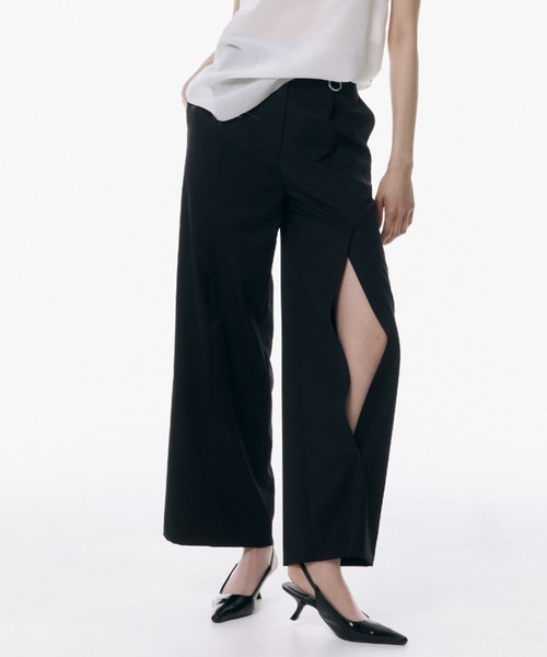 JOSE MOON(ジョゼムーン)の「SLIT WOOL TACK PANTS/スリットウールタックパンツ(スラックス・レディース・グレー/ブラック・36/38)」の2枚目の写真
