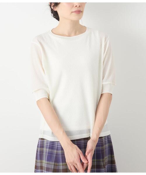 NEWYORKER(ニューヨーカー)の「シアーストレッチジャカード 5分袖プルオーバー(Tシャツ/カットソー・レディース・ホワイト・M/L)」の2枚目の写真
