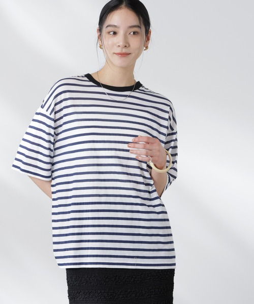 NANO universe(ナノユニバース)の「ボーダーシアーコットンTシャツ(Tシャツ/カットソー・レディース・その他1/その他2・FREE)」の1枚目の写真