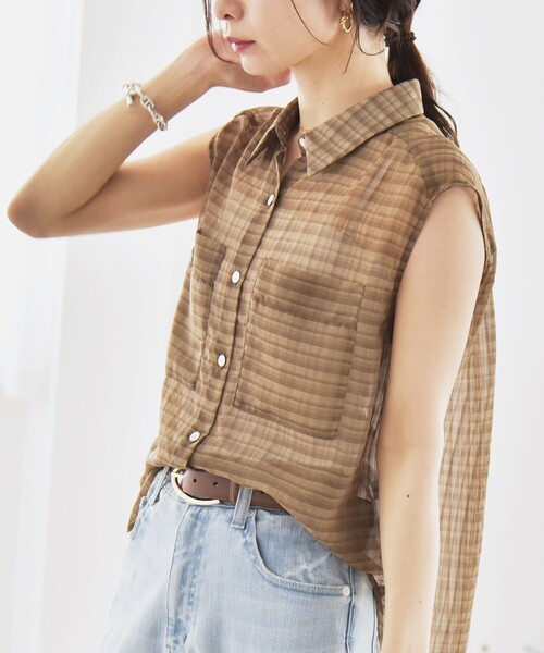 quaranciel(カランシエル)の「quaranciel:〈手洗い可能〉シアー チェック ノースリーブ シャツ(シャツ/ブラウス・レディース・ブラック/カーキ・ONE SIZE)」の9枚目の写真