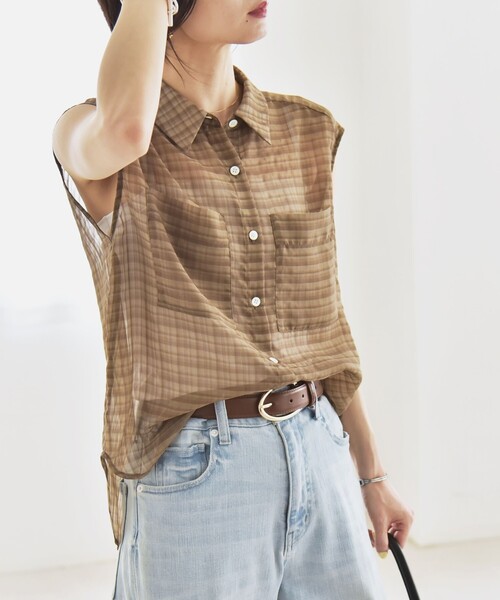 quaranciel(カランシエル)の「quaranciel:〈手洗い可能〉シアー チェック ノースリーブ シャツ(シャツ/ブラウス・レディース・ブラック/カーキ・ONE SIZE)」の12枚目の写真