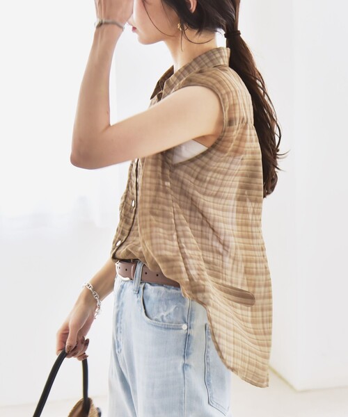 quaranciel(カランシエル)の「quaranciel:〈手洗い可能〉シアー チェック ノースリーブ シャツ(シャツ/ブラウス・レディース・ブラック/カーキ・ONE SIZE)」の16枚目の写真