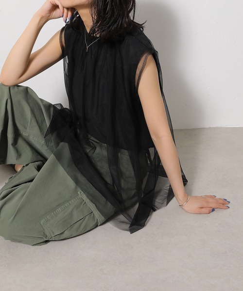 tシャツ 接触冷感 UVカット 撥水加工 チュールレイヤードトップス レディース セール】接触冷感 UVカット 撥水加工 チュールレイヤード