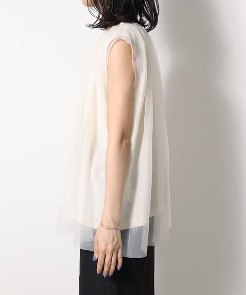tシャツ 接触冷感 UVカット 撥水加工 チュールレイヤードトップス レディース セール】接触冷感 UVカット 撥水加工 チュールレイヤード