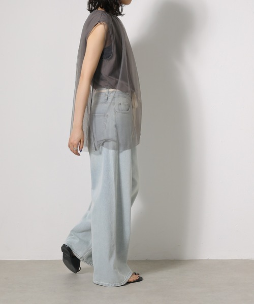 tシャツ 接触冷感 UVカット 撥水加工 チュールレイヤードトップス レディース セール】接触冷感 UVカット 撥水加工 チュールレイヤード