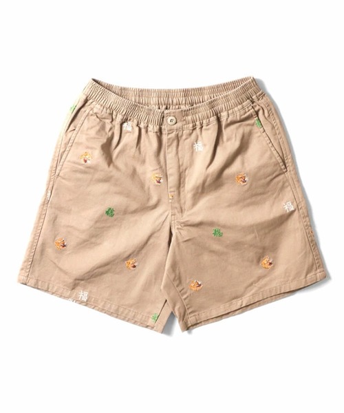 HOUSTON(ヒューストン)の「HOUSTON ヒューストン COTTON TWILL ALLOVER EMB EASY SHORTS コットンツイル 虎 福 総柄刺繍 イージーショーツ(チノパンツ・メンズ・ナチュラル/ブラック/ベージュ・M/L/XL)」の2枚目の写真