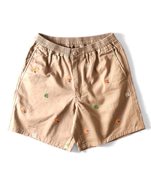 HOUSTON(ヒューストン)の「HOUSTON ヒューストン COTTON TWILL ALLOVER EMB EASY SHORTS コットンツイル 虎 福 総柄刺繍 イージーショーツ(チノパンツ・メンズ・ナチュラル/ブラック/ベージュ・M/L/XL)」の4枚目の写真