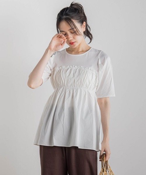 Droite lautreamont(ドロワットロートレアモン)の「コットン天竺ドッキングプルオーバー≪洗濯機で洗える≫(Tシャツ/カットソー・レディース・オフホワイト/ブラック・M)」の1枚目の写真