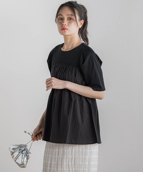 Droite lautreamont(ドロワットロートレアモン)の「コットン天竺ドッキングプルオーバー≪洗濯機で洗える≫(Tシャツ/カットソー・レディース・オフホワイト/ブラック・M)」の2枚目の写真