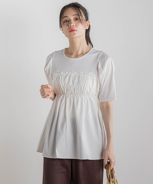 Droite lautreamont(ドロワットロートレアモン)の「コットン天竺ドッキングプルオーバー≪洗濯機で洗える≫(Tシャツ/カットソー・レディース・オフホワイト/ブラック・M)」の3枚目の写真