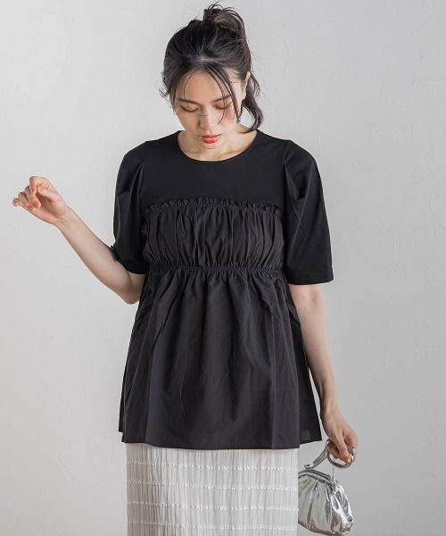 Droite lautreamont(ドロワットロートレアモン)の「コットン天竺ドッキングプルオーバー≪洗濯機で洗える≫(Tシャツ/カットソー・レディース・オフホワイト/ブラック・M)」の14枚目の写真