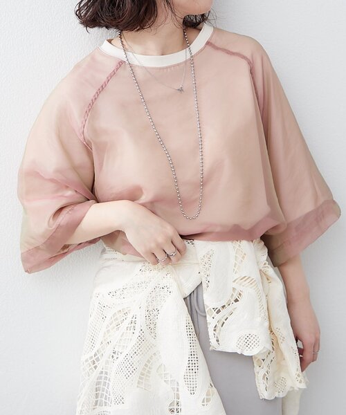 NUNIFE(ユニフィー)の「【NUNIFE】オーガンジー重ねラグランT(Tシャツ/カットソー・レディース・ブラック/ブルー系その他/グレイッシュベージュ/ピンク/オフホワイト・FREE)」の5枚目の写真