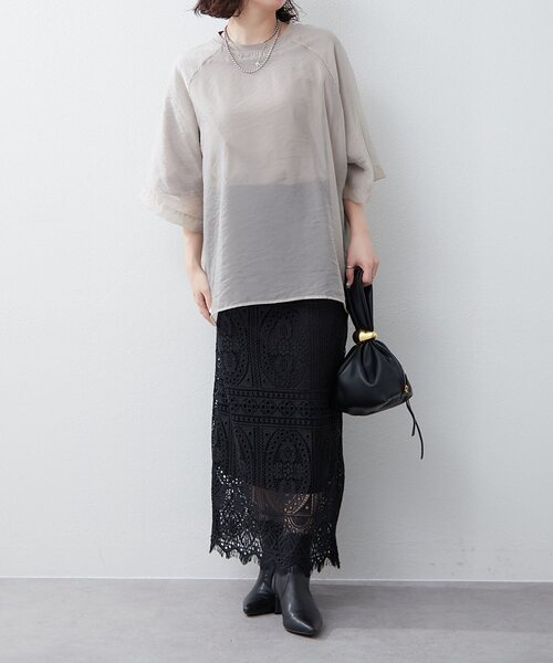 NUNIFE(ユニフィー)の「【NUNIFE】オーガンジー重ねラグランT(Tシャツ/カットソー・レディース・ブラック/ブルー系その他/グレイッシュベージュ/ピンク/オフホワイト・FREE)」の8枚目の写真