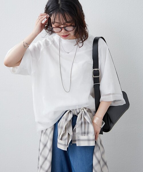 NUNIFE(ユニフィー)の「【NUNIFE】オーガンジー重ねラグランT(Tシャツ/カットソー・レディース・ブラック/ブルー系その他/グレイッシュベージュ/ピンク/オフホワイト・FREE)」の2枚目の写真