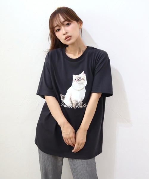 CECIL McBEE（セシルマクビー）の「CATプリントパール・リボン付きTシャツ（Tシャツ/カットソー・レディース・オフホワイト/チャコールグレー/アイボリー・MEDIUM/LARGE）」の3枚目の写真