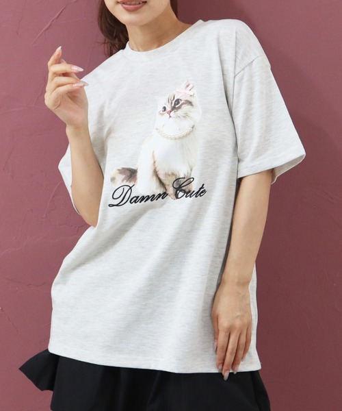 CECIL McBEE（セシルマクビー）の「CATプリントパール・リボン付きTシャツ（Tシャツ/カットソー・レディース・オフホワイト/チャコールグレー/アイボリー・MEDIUM/LARGE）」の5枚目の写真