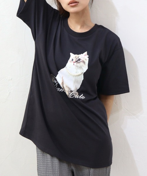 CECIL McBEE（セシルマクビー）の「CATプリントパール・リボン付きTシャツ（Tシャツ/カットソー・レディース・オフホワイト/チャコールグレー/アイボリー・MEDIUM/LARGE）」の9枚目の写真