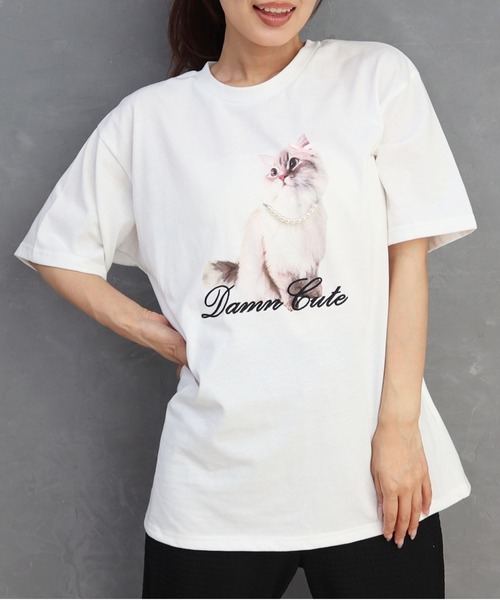 CECIL McBEE（セシルマクビー）の「CATプリントパール・リボン付きTシャツ（Tシャツ/カットソー・レディース・オフホワイト/チャコールグレー/アイボリー・MEDIUM/LARGE）」の13枚目の写真
