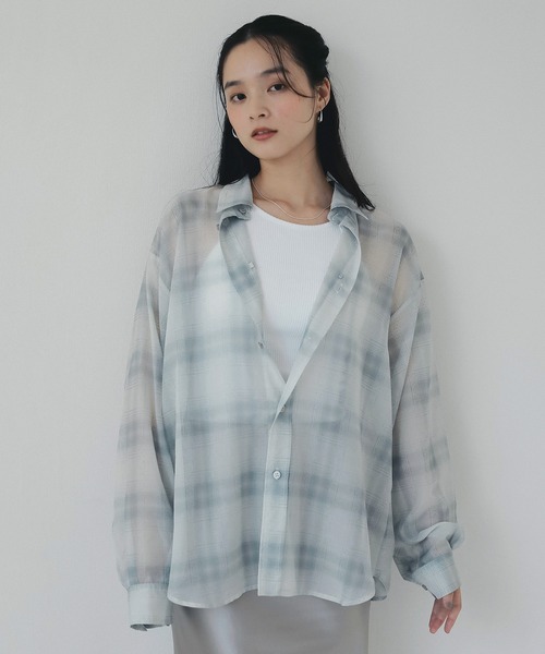 EIMY ISTOIRE(エイミーイストワール)の「シアーチェック2WAYシャツ(シャツ/ブラウス・レディース・アイボリー/ブラウン・F)」の3枚目の写真