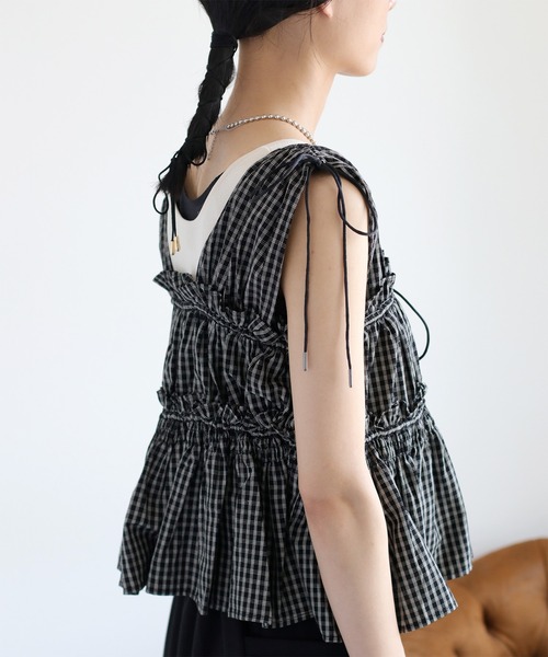 cepo（セポ）の「チェックフリルシャーリングベスト（ベスト・レディース・ブラウン系/ブラック系/ブルー系/ホワイト系・M）」の15枚目の写真