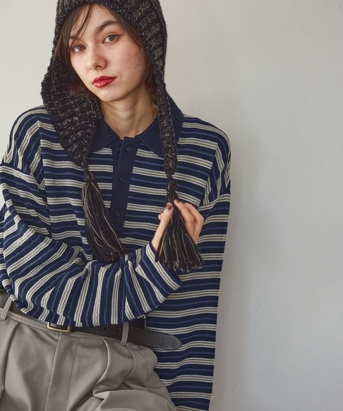 セール】ニット襟ボーダーラガー（ニット/セーター）｜niko and