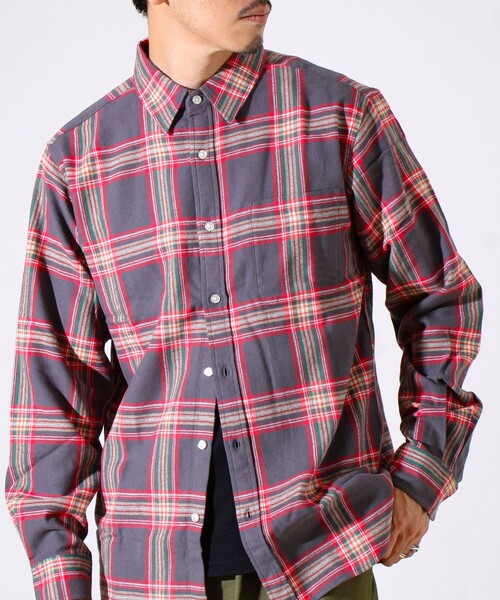 GLOSTER（グロスター）の「＜つぶし衿＞U.S.COTTON混 レギュラーカラーチェックネルシャツ（シャツ/ブラウス・メンズ・ブルー/カーキ/レッド/ブラック・M/L/XL）」の4枚目の写真