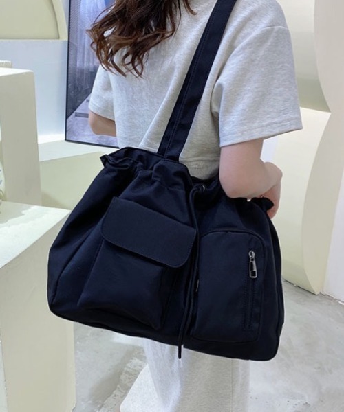 yuu☆巾着袋 セール】大容量アウトポケット巾着トートバッグ/A4サイズ収納可