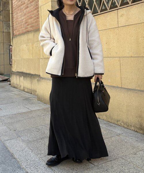 DouDou（ドゥドゥ）の「ボア配色フーディーコート（その他アウター・レディース・オフホワイト/チャコールグレー・FREE）」の21枚目の写真