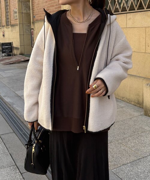 DouDou（ドゥドゥ）の「ボア配色フーディーコート（その他アウター・レディース・オフホワイト/チャコールグレー・FREE）」の15枚目の写真