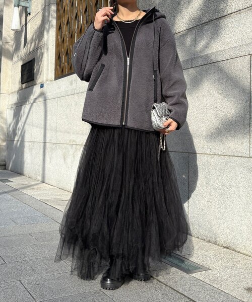 DouDou（ドゥドゥ）の「ボア配色フーディーコート（その他アウター・レディース・オフホワイト/チャコールグレー・FREE）」の11枚目の写真