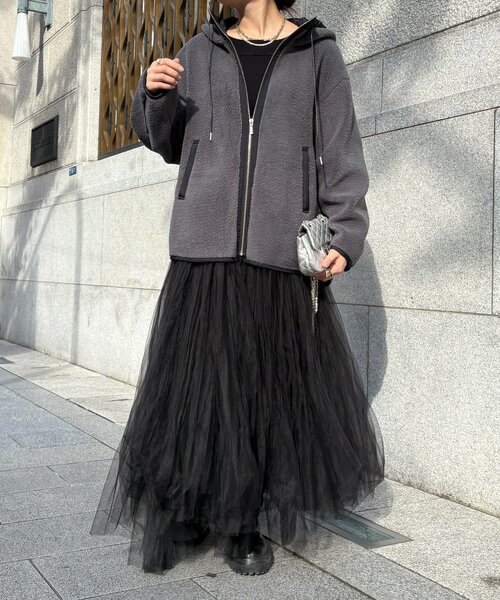 DouDou（ドゥドゥ）の「ボア配色フーディーコート（その他アウター・レディース・オフホワイト/チャコールグレー・FREE）」の10枚目の写真