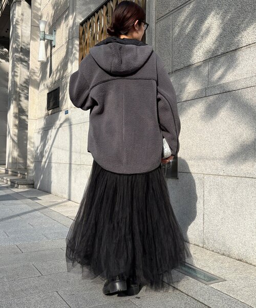 DouDou（ドゥドゥ）の「ボア配色フーディーコート（その他アウター・レディース・オフホワイト/チャコールグレー・FREE）」の9枚目の写真