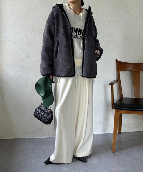 DouDou（ドゥドゥ）の「ボア配色フーディーコート（その他アウター・レディース・オフホワイト/チャコールグレー・FREE）」の5枚目の写真