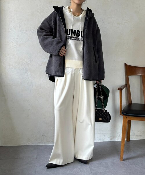 DouDou（ドゥドゥ）の「ボア配色フーディーコート（その他アウター・レディース・オフホワイト/チャコールグレー・FREE）」の3枚目の写真